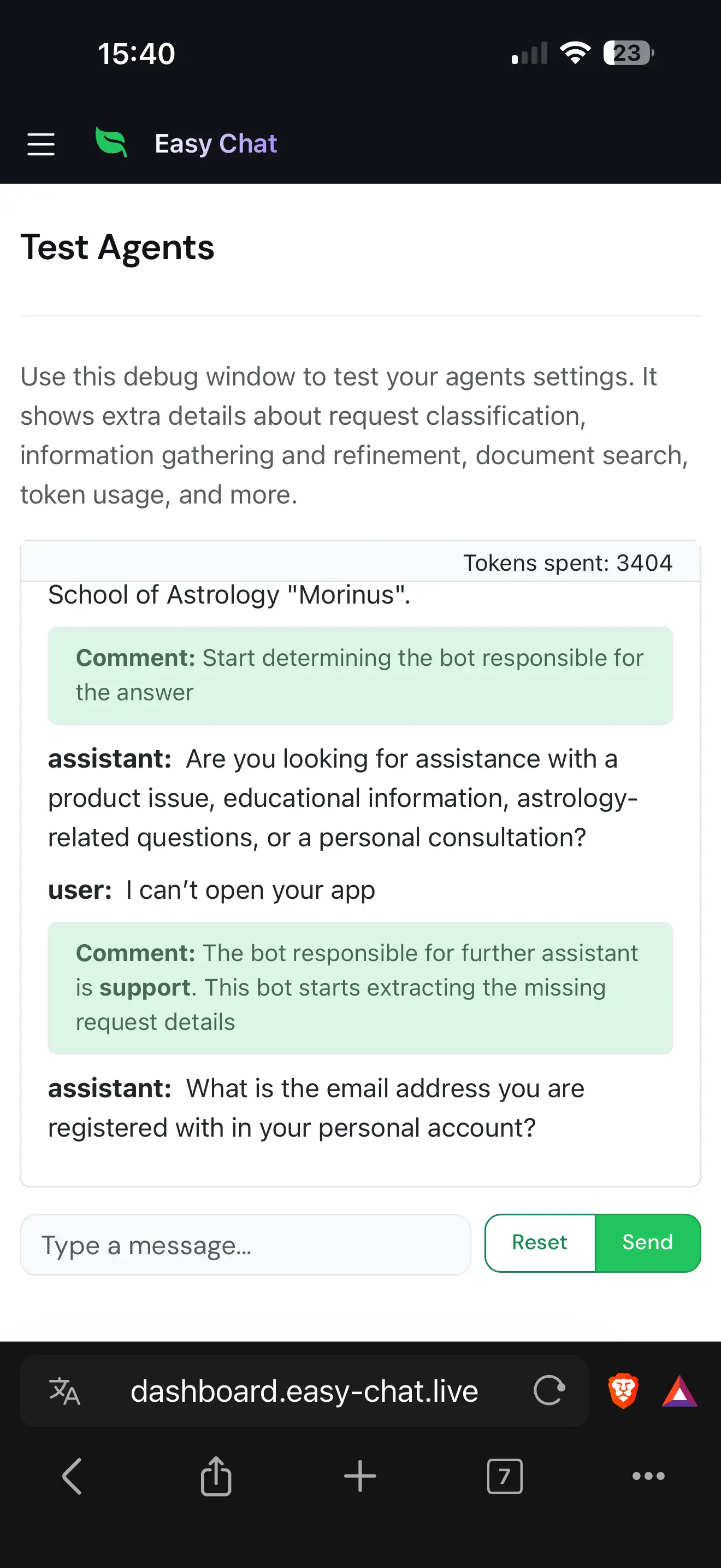 Easy Chat chat test with debug info